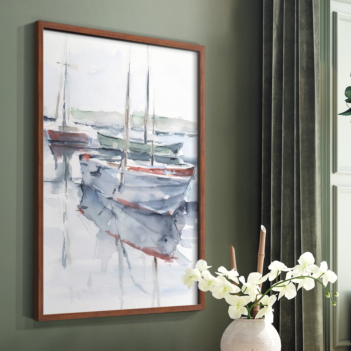 Watercolor Harbor Study I Framed Print in Brown Solid Wood 11 x 14 Framed Print