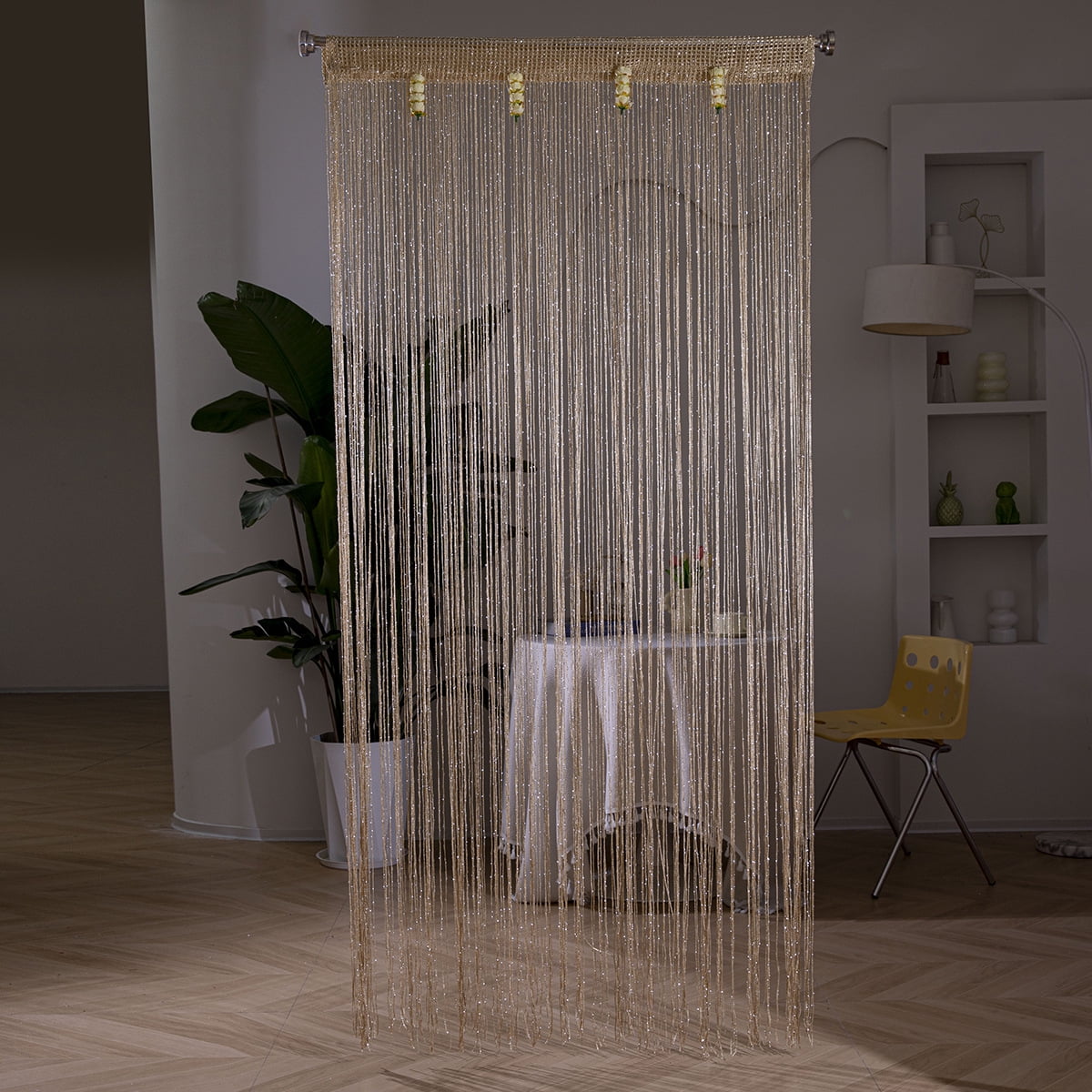 Rod‑Pocket Champagne Glitter String Curtain with Flower Beads Decorative