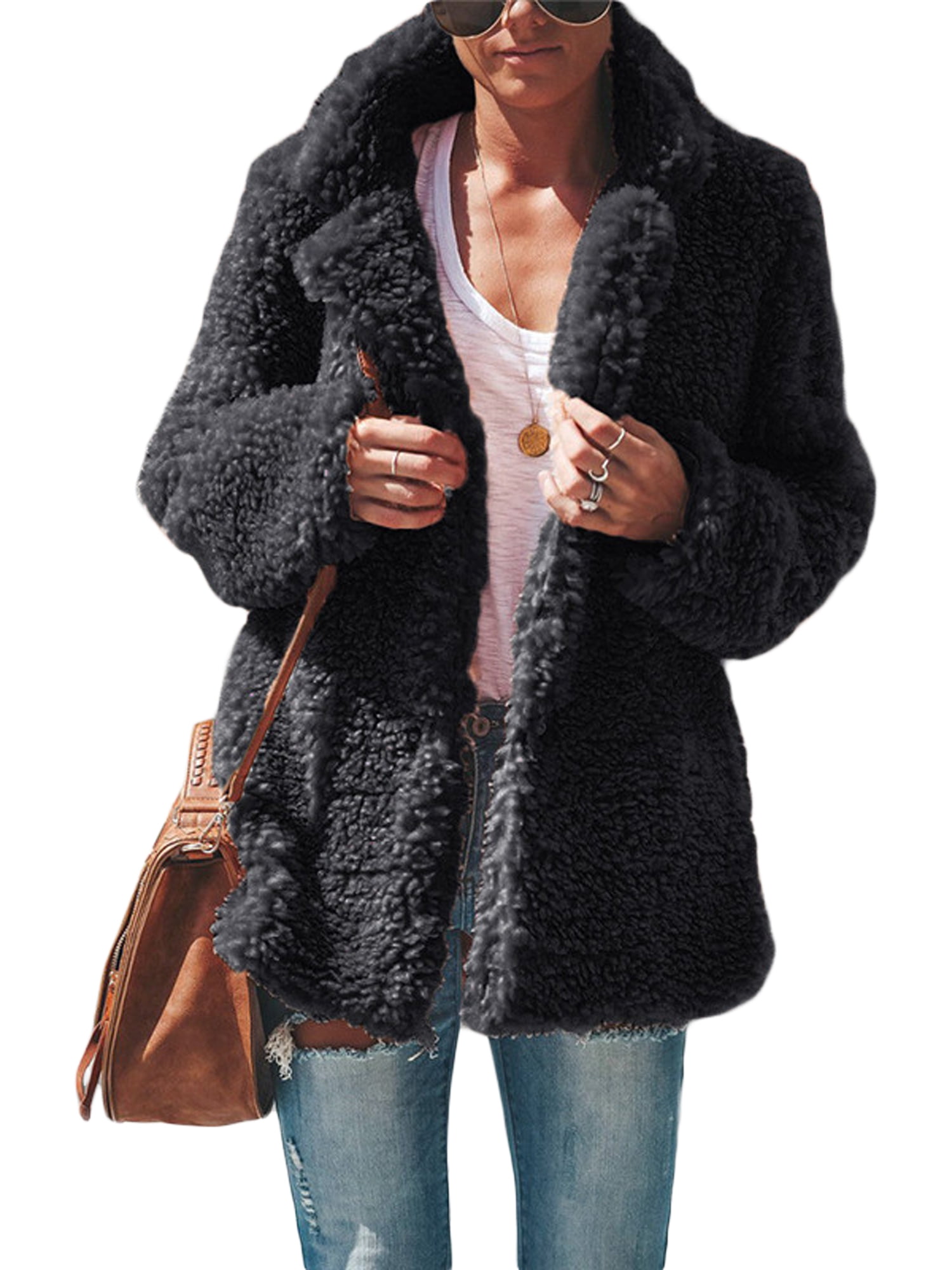 Wodstyle Women's Teddy Bear Fleece Lapel Pockets Fluffy Cardigan