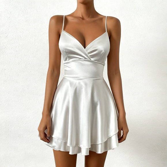 Fznquz Spaghetti Strap Casual Dresses for Women Backless Satin Summer White Mini Dress Ruffle Hem Deep Prom Wrap Spring Fashion