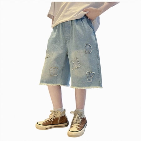 WXFAZCVU Boys Jean Shorts Summer Breathable Sports and Casual Elastic Waist Denim Pants Size 4-5 Years