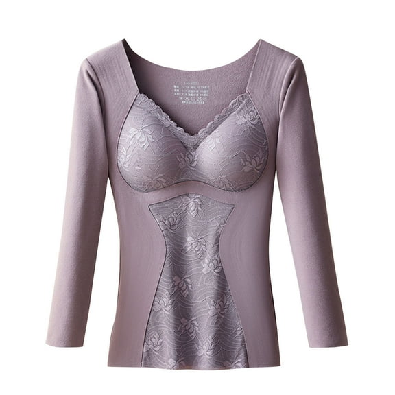 Kilaqueen Womens Floral Embroidery Thermal Tops Fall Winter Sweetheart Long Sleeve Shirts with Padding Slim Warm Lettuce Trim Long Underwear