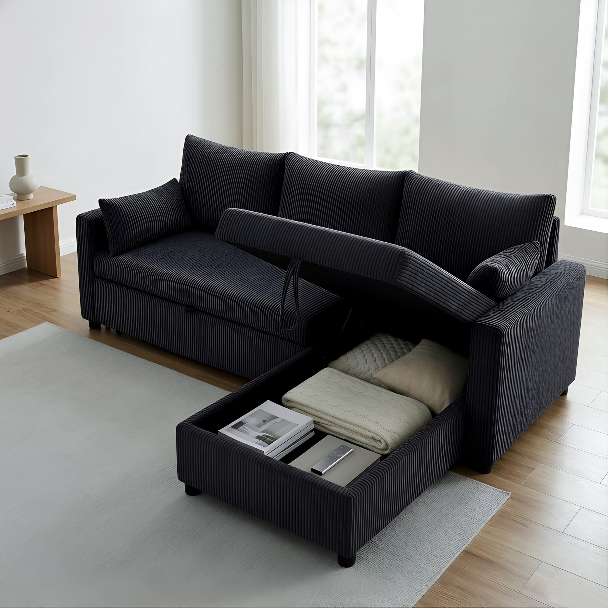 Gewnee L-Shaped Corduroy Convertible Sleeper Sofa Bed with Storage Chaise, 3-Seater Corduroy Sectional Couch for Small Living Room Apartment Office Black