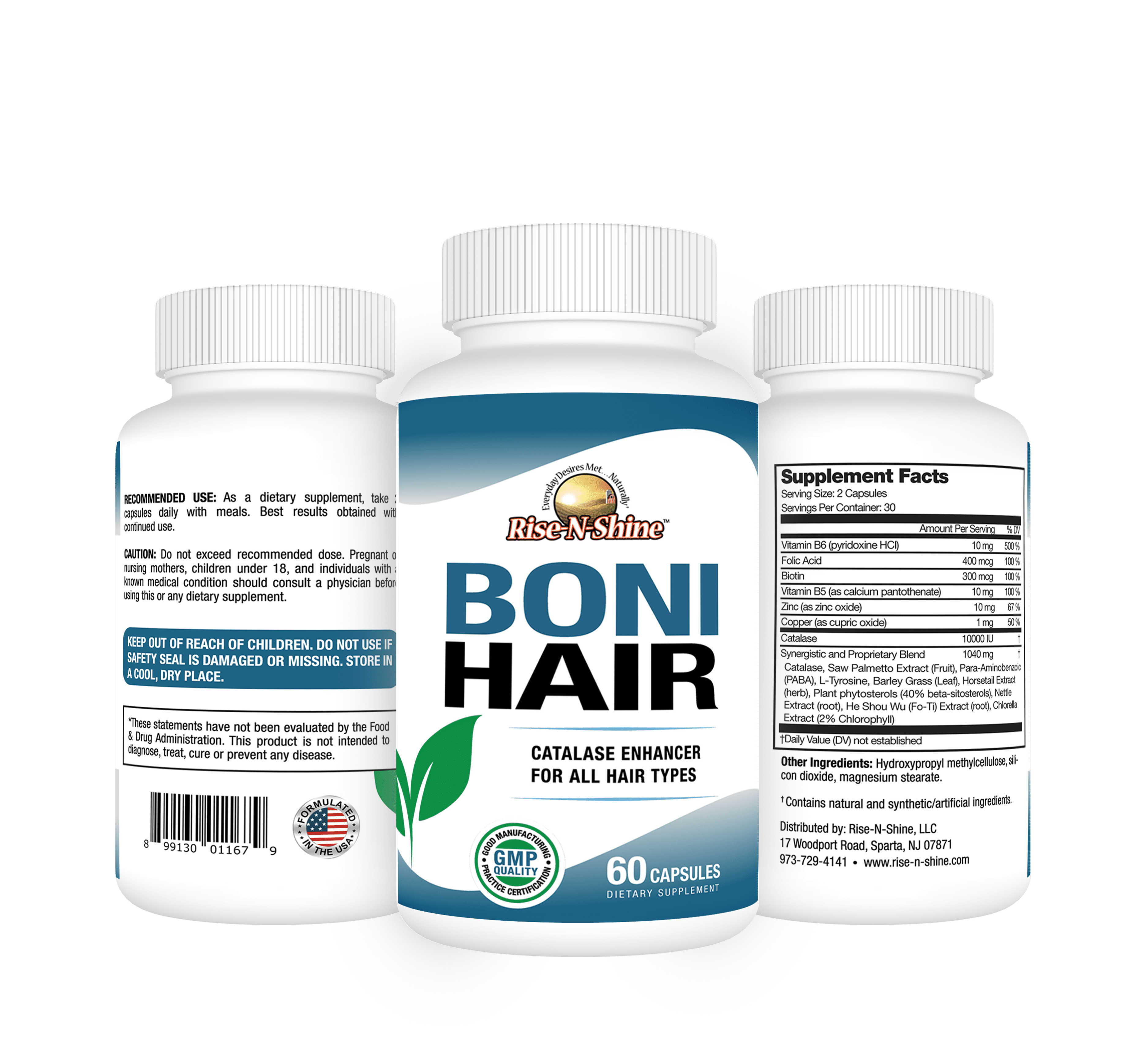 BoniHair Supplement for All Hair Types, Saw Palmetto, Calcium, Vitamin B, by Rise-N-Shine - 60 Count