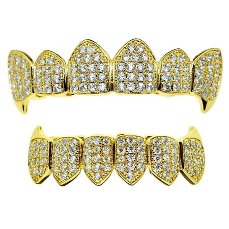 18K Gold Plated Grillz Set Fang CZ Bling Upper Top And Bottom Lower Plain Teeth Cubic Zirconia Hip Hop Vampire