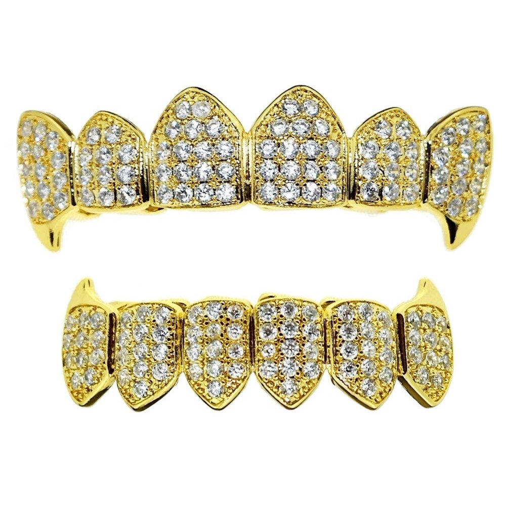 Best Grillz 18K Gold Plated Grillz Set Fang CZ Bling Upper Top And