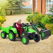 Erommy Ride on Excavator Toys with Remote Control, 12 V Battery Powered Ride on Tractor with Trailer, Digger, Horn, Lights, Music Player, Safety Belt, Green