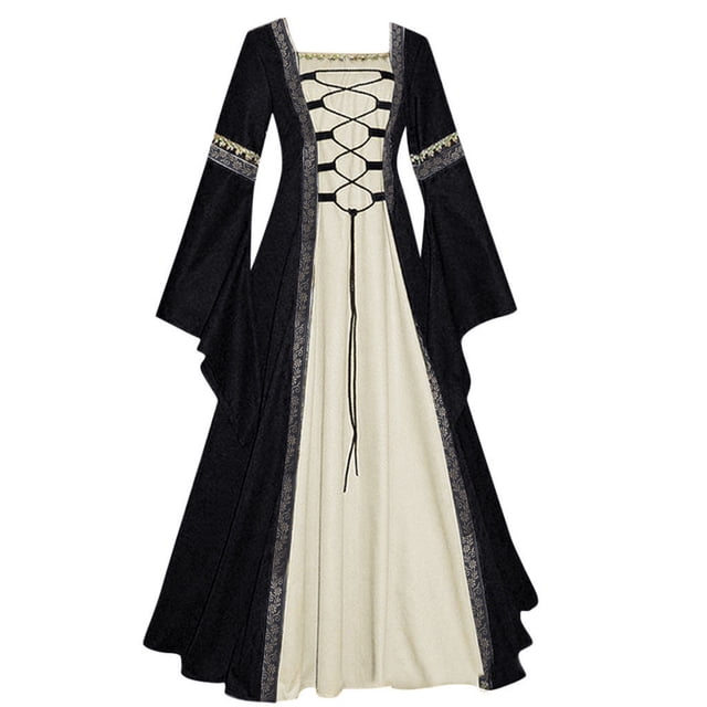 Pompotops Robe Gothique Décontractée pour Femmes à Manches Longues avec Empiècements, Unie, Cosplay