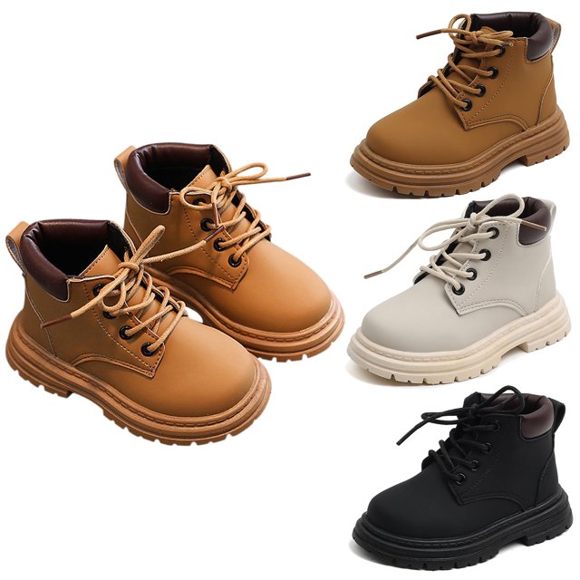 Kids Toddler Girls Boys PU Leather Ankle Boots Lace Up Waterproof