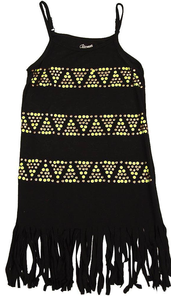 black fringed spaghetti strap dress