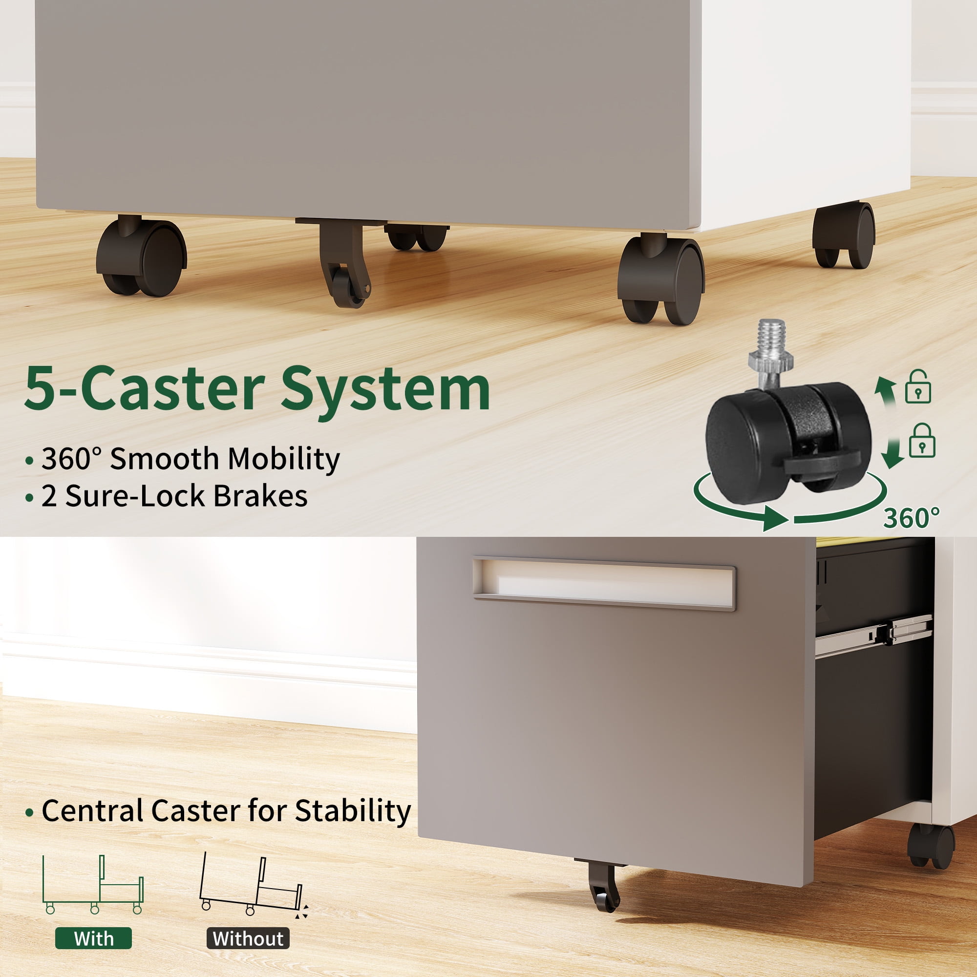 2-Drawer Mobile File Cabinet with Lock, All-Steel Metal Storage Cabinet on 360° Wheels, for Home Office & Commercial Use, Fully Assembled, Holds A4/Letter/Legal Files, 110lbs/Drawer Capacity