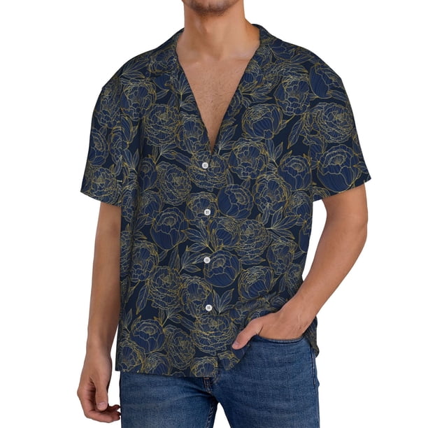 Fotbe Golden Peonies Camisa Estampada de Manga Corta para Hombre, Casual de Verano, Estilo Playero, Sin Arrugas-XX-Large