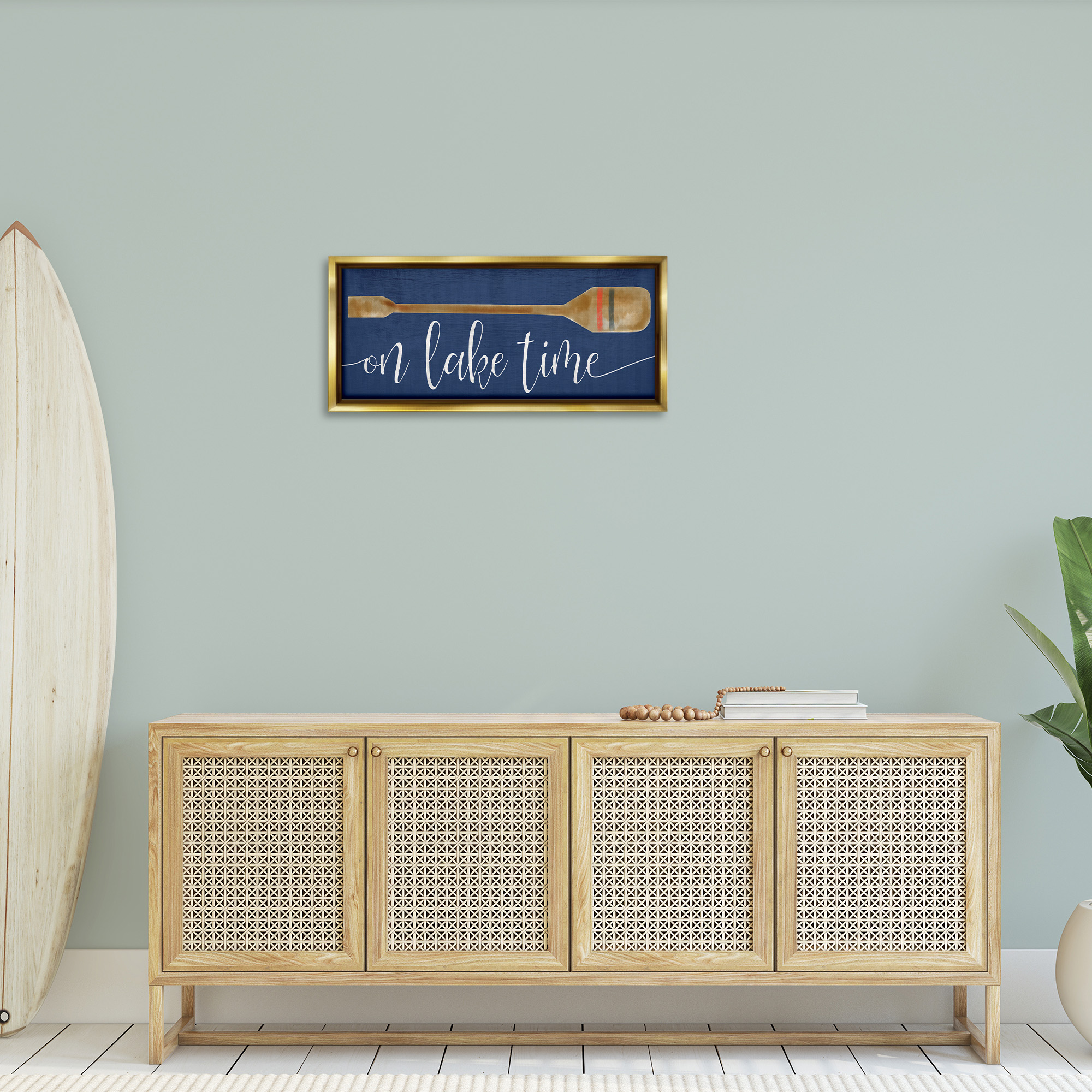 Stupell Industries On Lake Time with Oar Typography Painting Gold Floater Framed Canvas Art Print Wall Art, 31 x 14