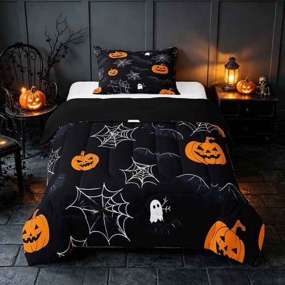 Homewish Halloween Ghost Bat Twin Comforter Sets, Spider Web Pumpkin Bedding Set, Black Orange, Black Reversible, 2pcs 1 Comforter and 1 Pillowcase