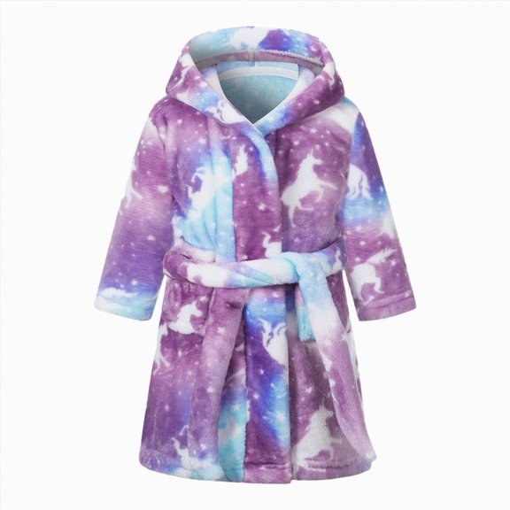 Linfrsh Boys Girls Coral Fleece Bathrobe,Soft Plush Hooded Robe with Adjustable Belt,Cartoon Print,for Toddlers 18 Month -14 Years,Warm Loungewear Shower Robe Kids Pajamas,Size 3-4 Years