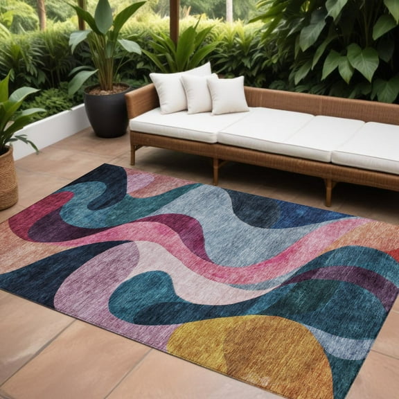 HomeRoots 604461 10 x 14 ft. Green, Pink & Teal Blue Abstract Washable Indoor & Outdoor Rectangle Area Rug