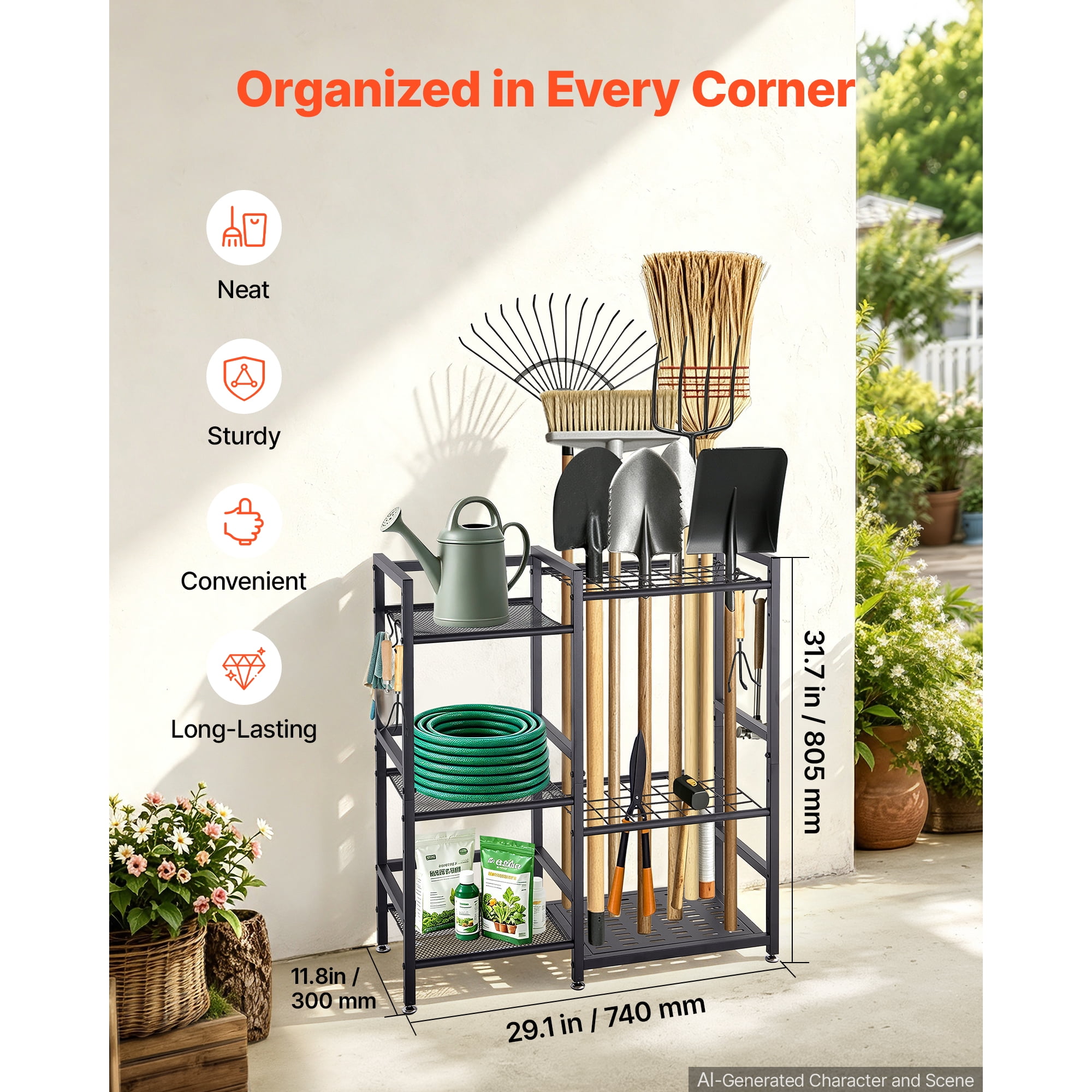 KFFKFF 3-Tier Metal Garden Tool Organizer with Guard Rail, Heavy-Duty Steel Storage Rack for Rakes, Shovels, and Brooms, Ideal for Garage, Shed, or Outdoor Use, Includes Hooks, Black