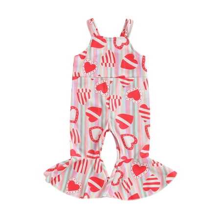 

Suealasg Kids Girl Valentine’s Day Jumpsuit 1T 2T 3T 4T 5T Little Girls Heart Print Sleeveless Strap Romper Toddler Girls Summer Overalls Bell Bottoms