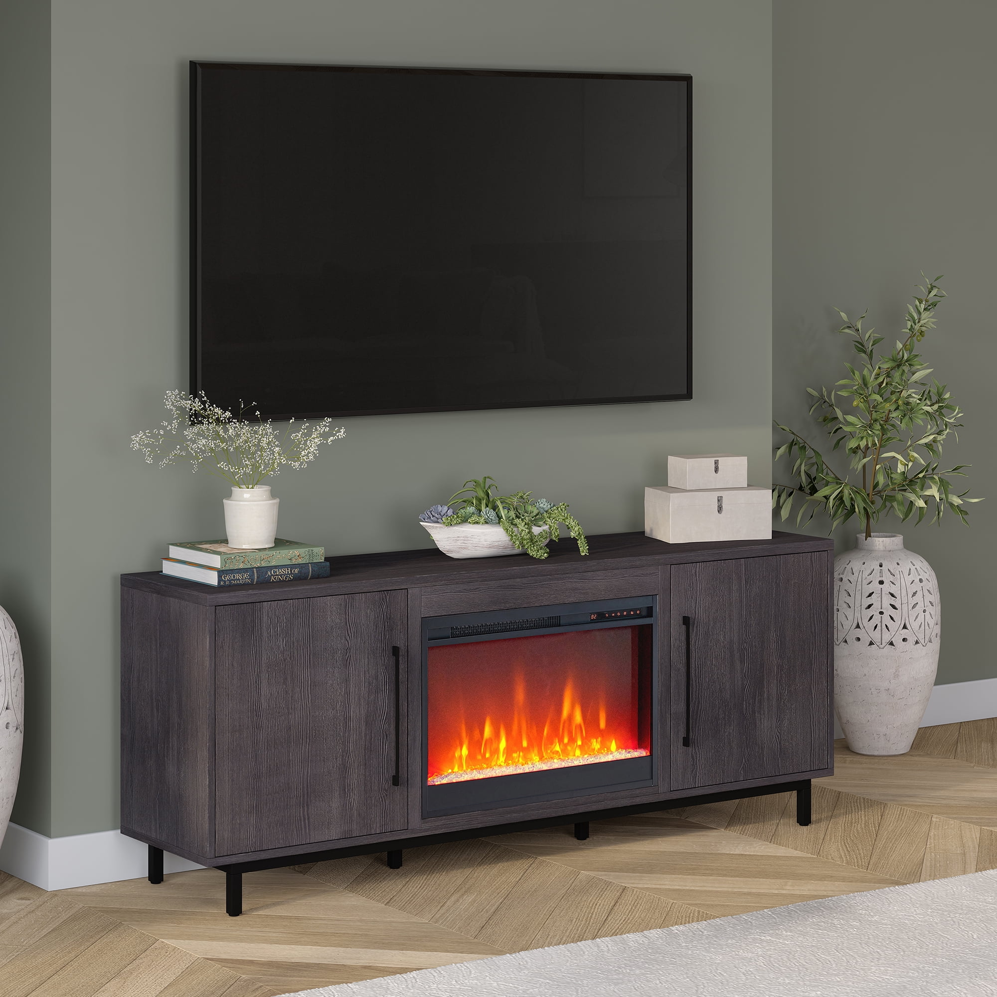 Evelyn&Zoe Julian Rectangular TV Stand with 26" Crystal Fireplace for TV's up to 75", Charcoal Gray