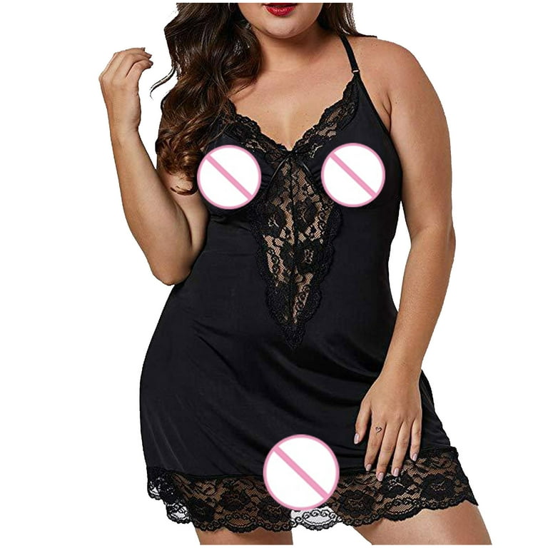 GATXVG Plus Size Sexy Lingerie Satin Nightgown for Women, Lace Trim Hollow  Out Pajamas Slip Chemise Nightdress, Stretch Soft Comfy Nightwear Casual