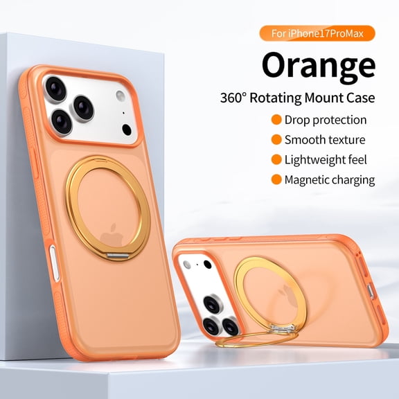 TECH CIRCLE For iPhone 16 Pro Max PC TPU Magnetic Case, 360° Rotating Ring Stand, Shock-Resistant, MagSafe Compatible, Anti-Scratch, Anti-Fingerprint Translucent Matte Protective Cover,Orange