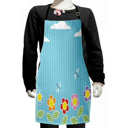 

Dragonfly Kids Apron Kids Playroom Children Floral Girls Daisy Blooms Under Cloudy Sky Cartoon Boys Girls Apron Bib with Adjustable Ties for Cooking Baking Painting Sky Blue White by Ambesonne