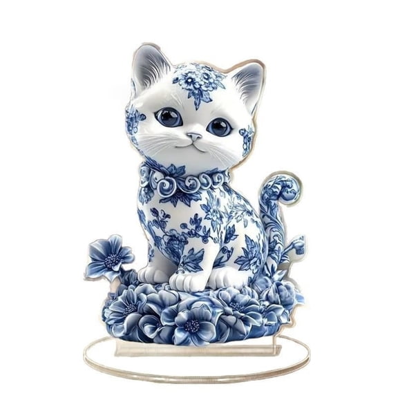 7.8in Blue and White Porcelain Cat 2D Acrylic Figurine | Home Desk Decor with Transparent Stand | Cute Animal Ornament