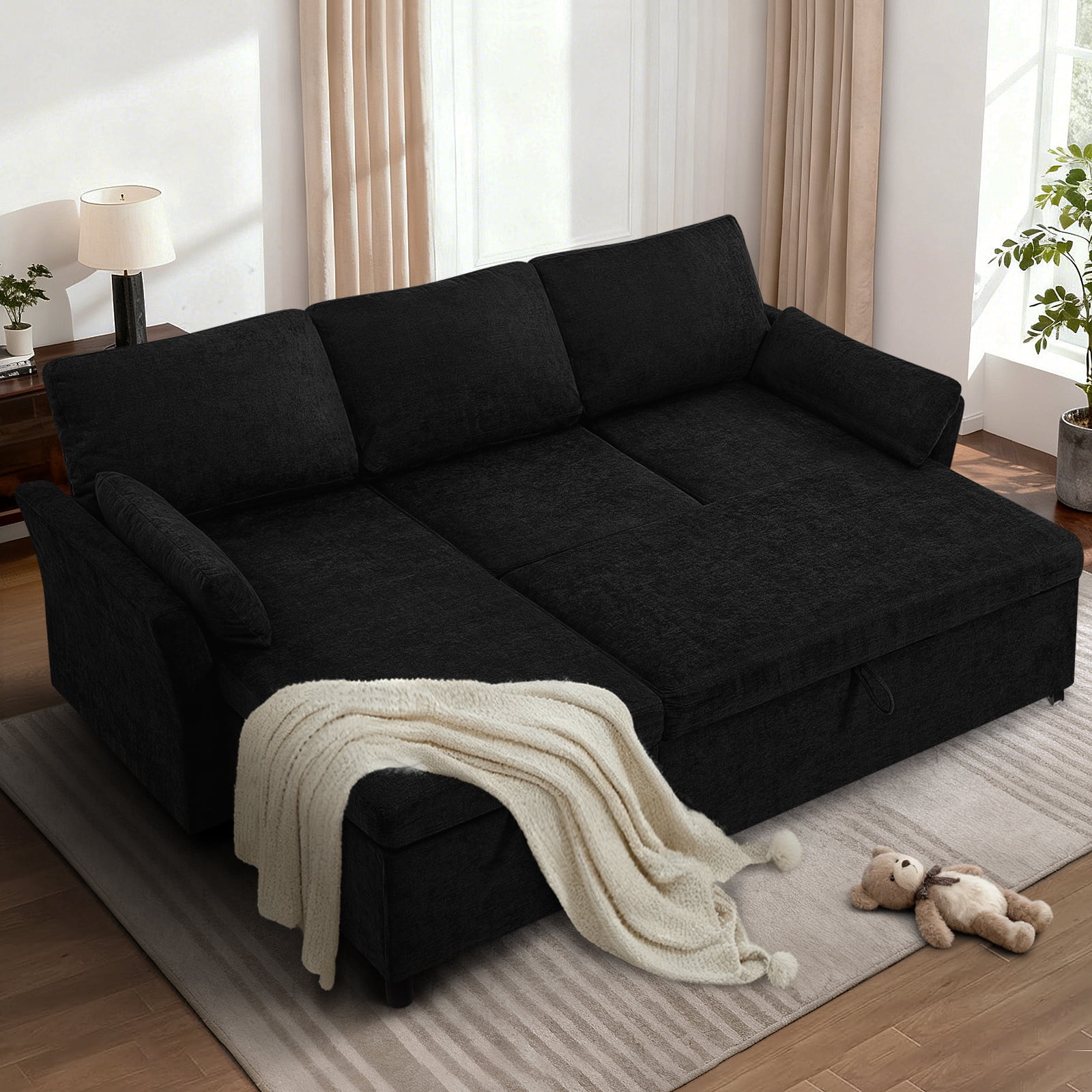 ACMEASE 83 Inches Fabric Sectional Sofa with Pull Out Sofa Bed, Modern L Shaped Sofa with Throw Pillows, Comfortable Sleeper Couch with Storage Chaise for Living Room, Black