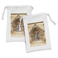 thumbnail image 1 of Rustic Fabric Pouch Set of 2, Medieval Middle Age Door Exit with Gothic Ornate Features Britain Theme, Small Drawstring Bag for Toiletries Masks and Favors, 9" x 6", Cream, by Ambesonne, 1 of 2