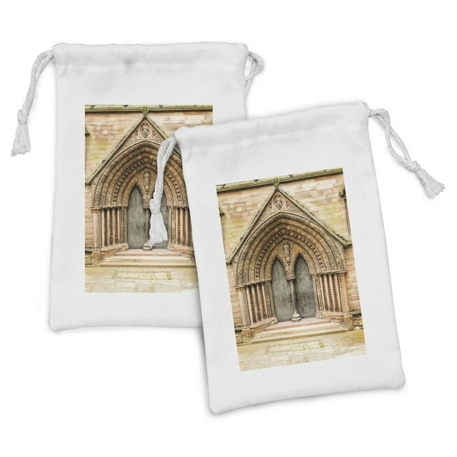 Rustic Fabric Pouch Set of 2, Medieval Middle Age Door Exit with Gothic Ornate Features Britain Theme, Small Drawstring Bag for Toiletries Masks and Favors, 9" x 6", Cream, by Ambesonne