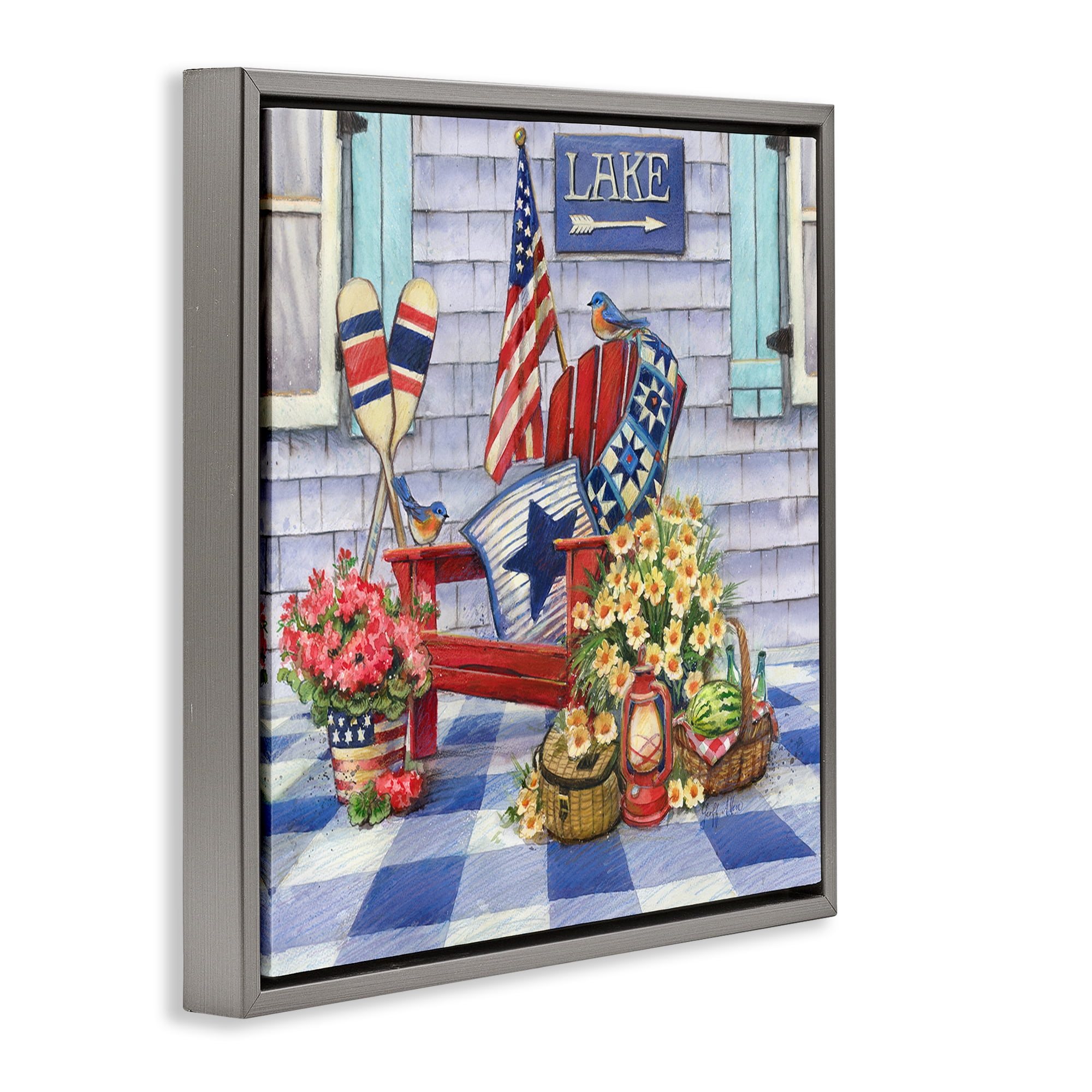 Stupell Industries Americana Porch View Patriotic Painting Gray Floater Framed Canvas Art Print Wall Art, 25 x 25