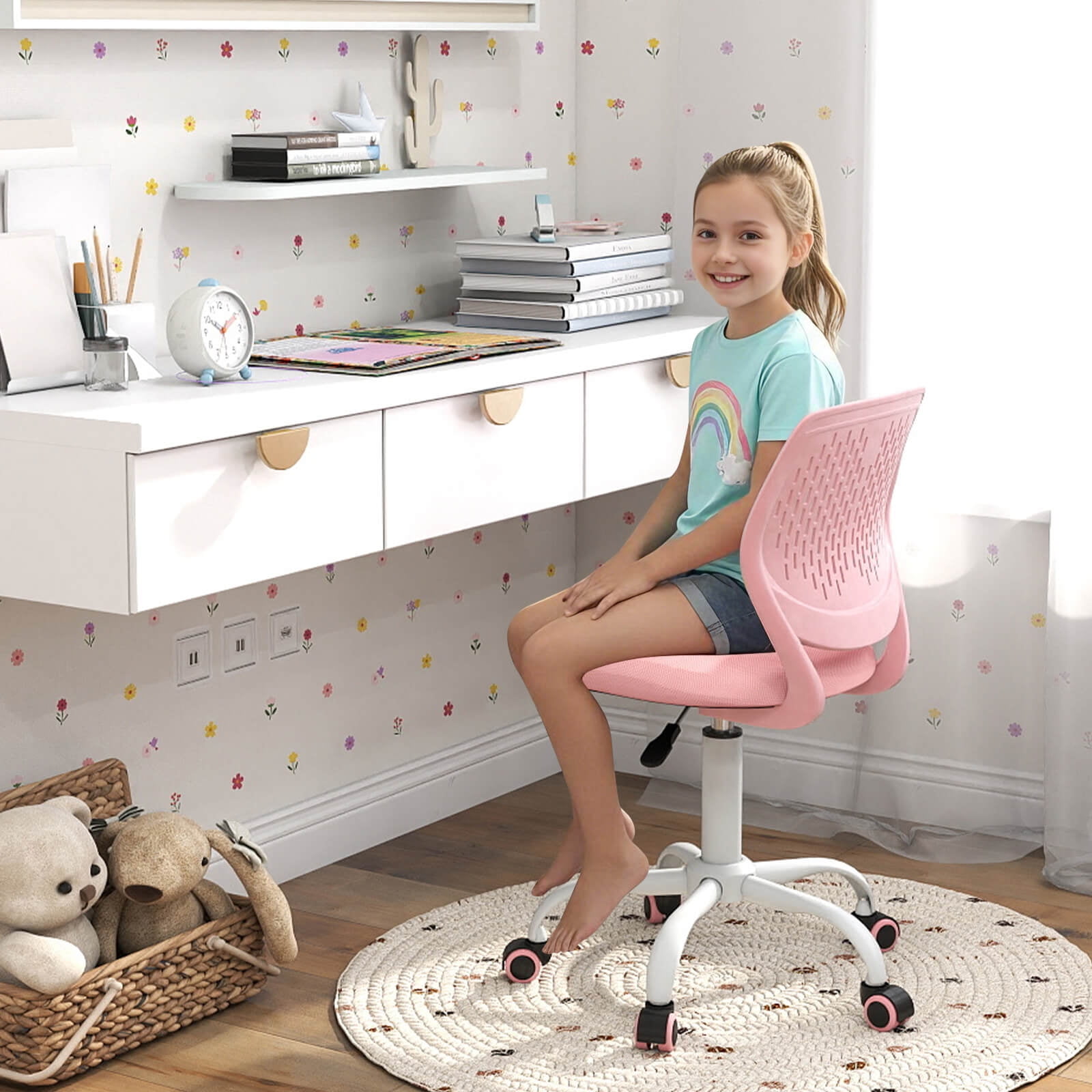 Costway Kids Desk Chair Ergonomic Swivel Children Mesh Study Height Adjustable Pink Pink