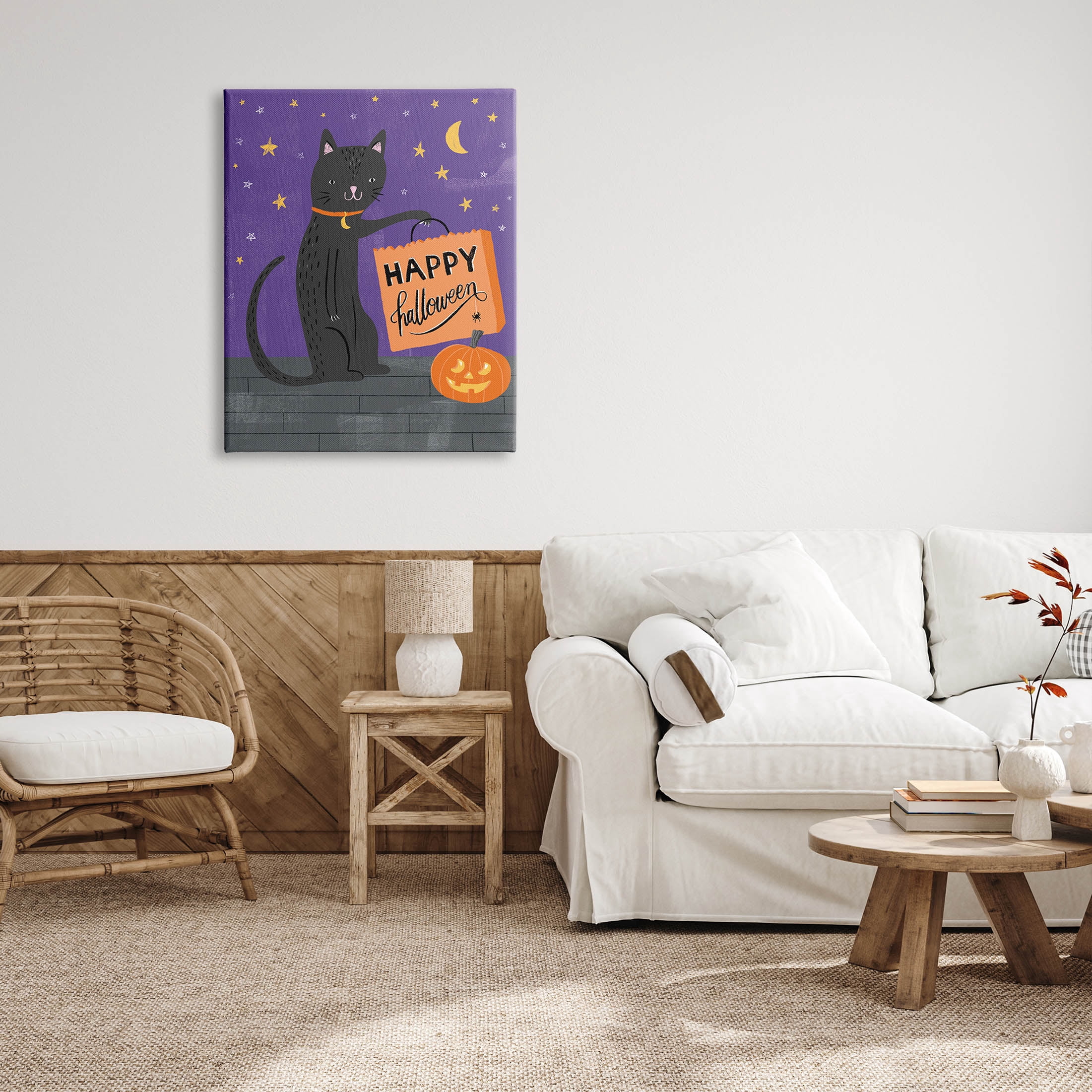 Stupell Industries Happy Halloween Black Cat Graphic Art Gallery Wrapped Canvas Print Wall Art, Design by Amanda McGee