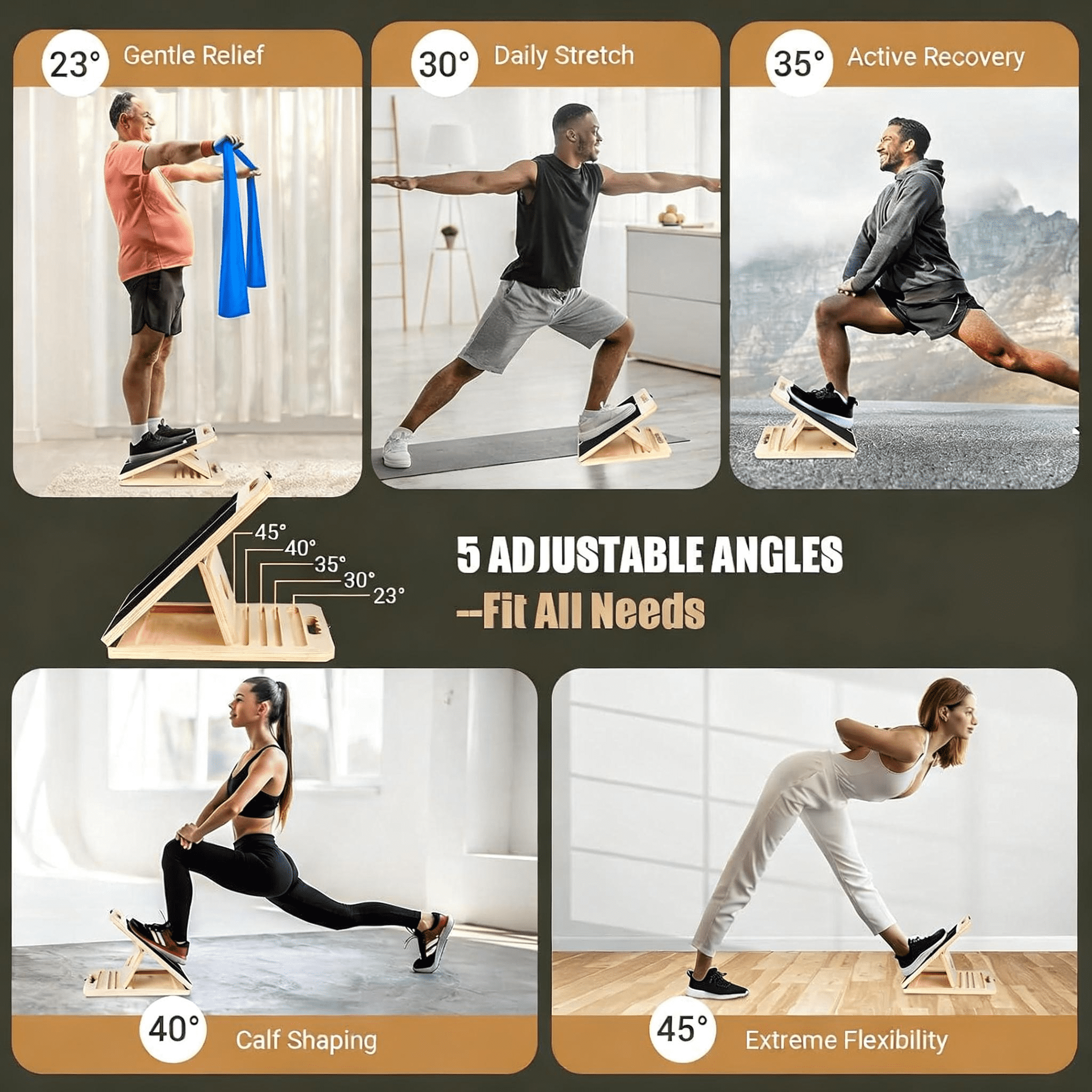 PIERCINGFUN Portable Wooden Slant Board for Calf Stretching, Adjustable Incline Board for Knees Ankle Heel Feet Leg with Training Poster & Resistance Bands