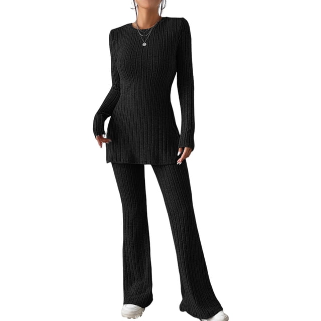 Ensemble haut à col rond et pantalon large pour femme - Costumes simples et amples pour la maison (negro XL)