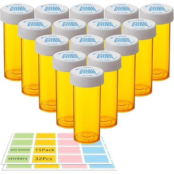15 Pack 1oz Empty Pill Bottles with Child-Resistant Caps - BPA Free, Moisture-Proof, with 32 Labels - for Pills, Vitamins, Supplements, Travel