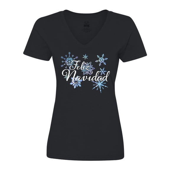 Inktastic Feliz Navidad White Writing with Snowflakes Women's V-Neck T-Shirt