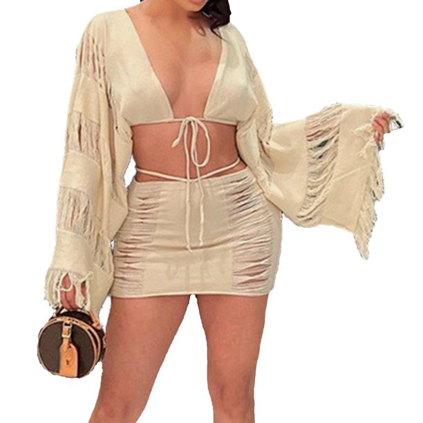 Blusas De Punto Minifaldas Camiseta sin mangas con mangas acampanadas Faldas con cuello en V profundo Ropa de club para mujer (Sand Solor L) Ygjytge para Mujer Color arena T XL