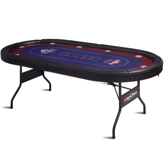 RayChee 86in Folding Poker Table 10 Player Navy Blue Felt Surface Casino-Style Armrests Cup Holders Sturdy Plywood Table Entertainment Life Deluxe