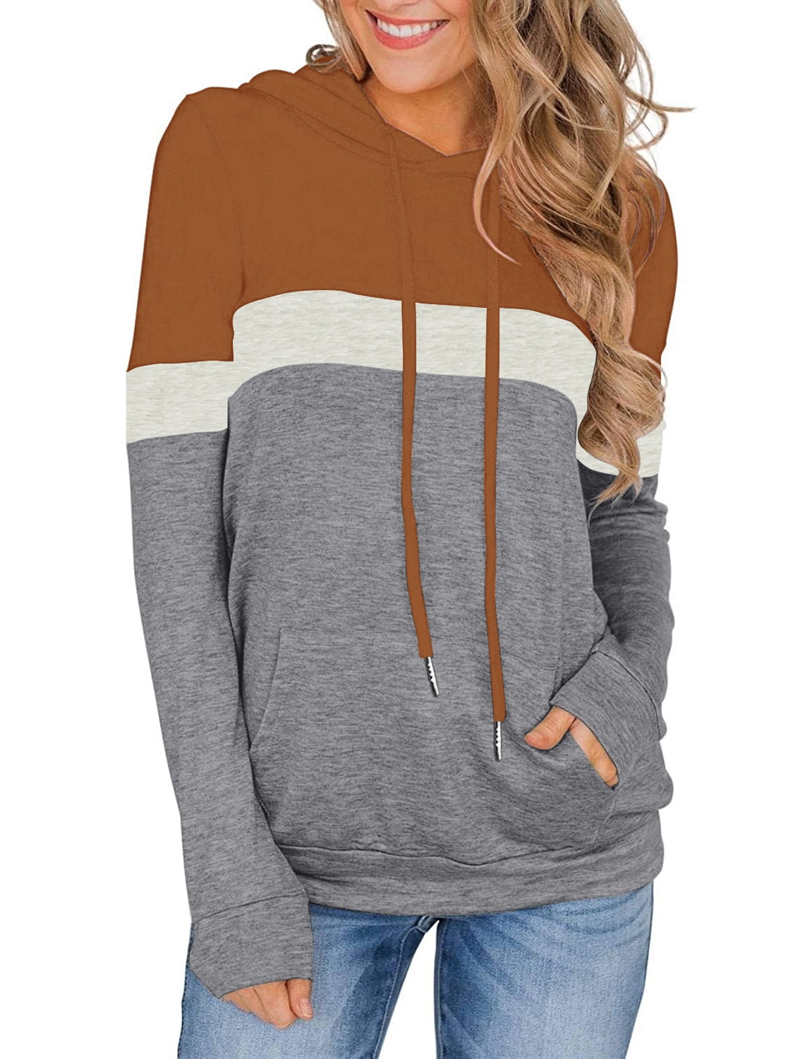 LACOZY Clearance Womens Long Sleeve Contrast Hooded Drawstring Sweatshirt Large Size