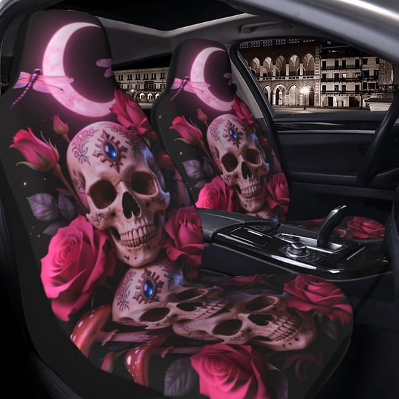 Pink Rose Skull Art Decor Car Seat Covers Set of 2 for Women and Men, Universal Fit Bucket Seat Protectors for Cars, SUVs, Sedans and Trucks, Soft Breathable Polyester, Front Seats Only