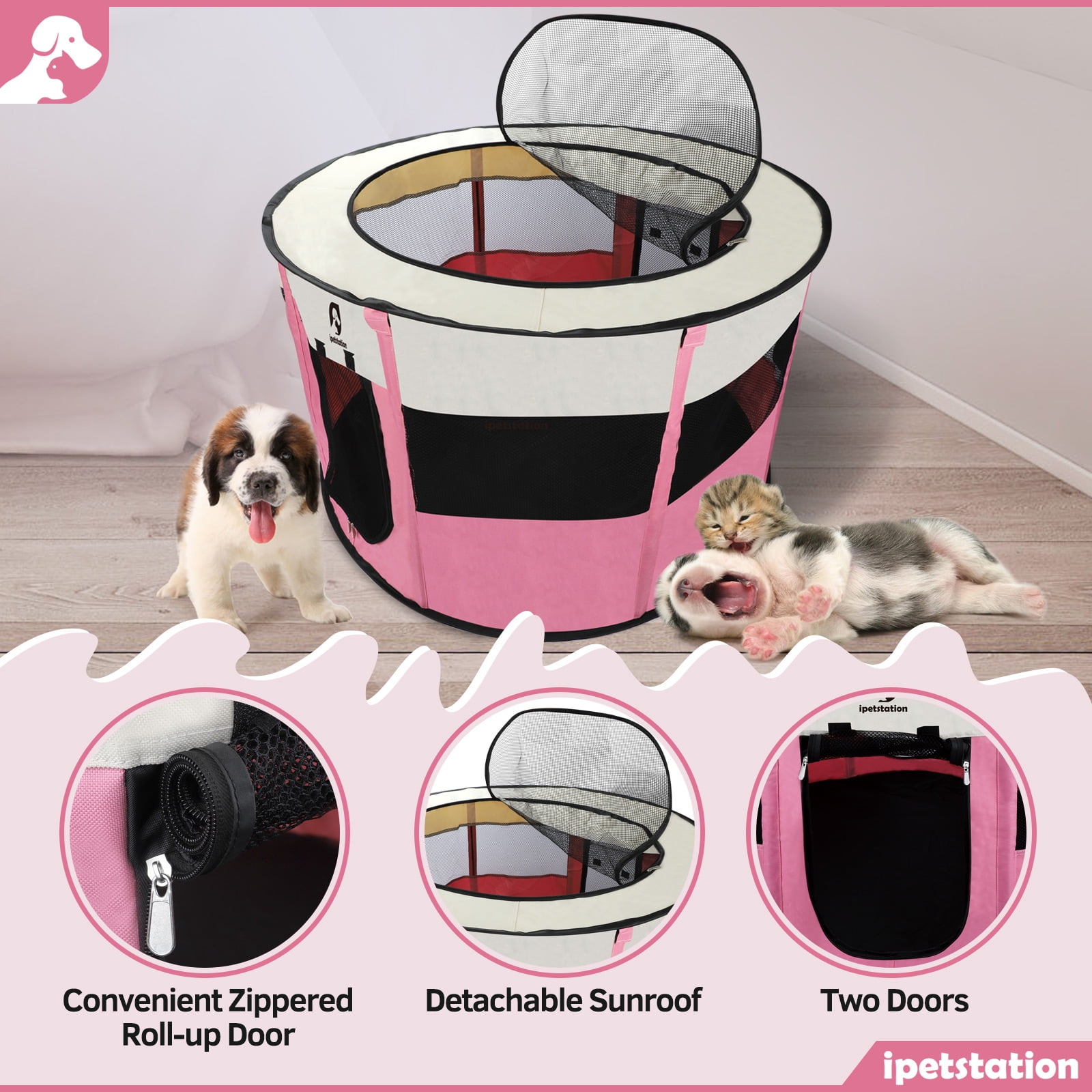LAKWAR Dog Playpen for Dogs & Cats,Foldable Pet Play Pen for Cat, Puppies, Rabbits, Chickens，Pink