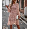 thumbnail image 4 of Vestido de manga larga para mujer, cuello redondo, vestido suelto, estampado a media cintura, falda informal elegante para mujer, marrón XL, 4 of 8
