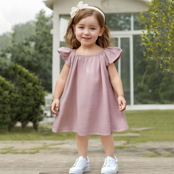Eltusu Girls Dresses, Short Sleeve Crew Neck Comfy Casual Summer Dress Pink Size 6 T