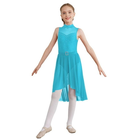 LiiYii Kids Girls Sleeveless Rhinestones Mock Neck Figure Skating Dress Leotard Ballet Lyrical Dance Turquoise 6