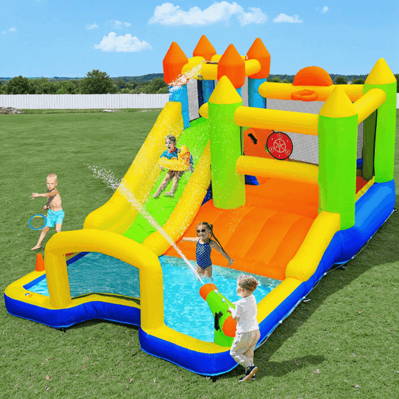 Arlopu Inflatable Bounce Houses for Kids with Splash Pool & Water Blaster & Basketball & Climbing Wall & Dual Pools & Soccer Goal & Air Blower