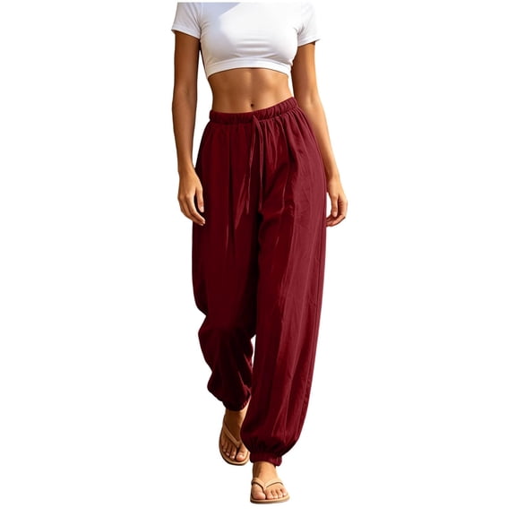 Cotton Linen Pants Women Elastic Ankle High Waist Drawstring Joggers Loose Fit Casual Summer Harem Trousers