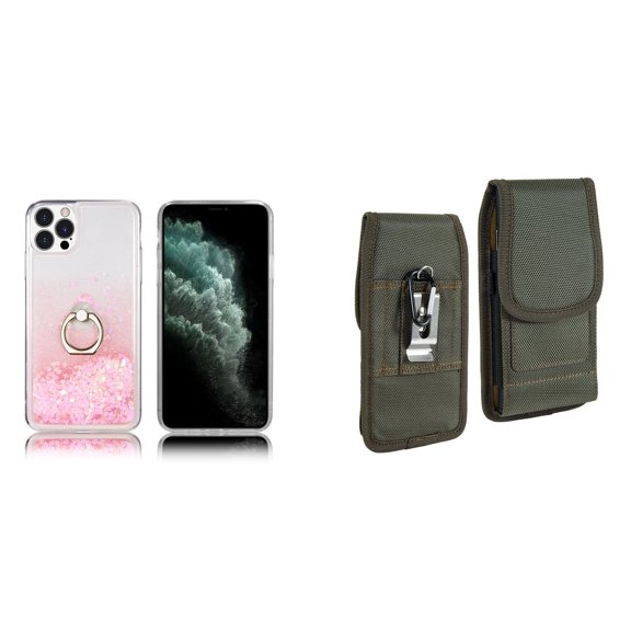Waterfall Liquid Glitter Stand Case and Belt Holster Pouch for iPhone 14 Pro (Pink/Green)
