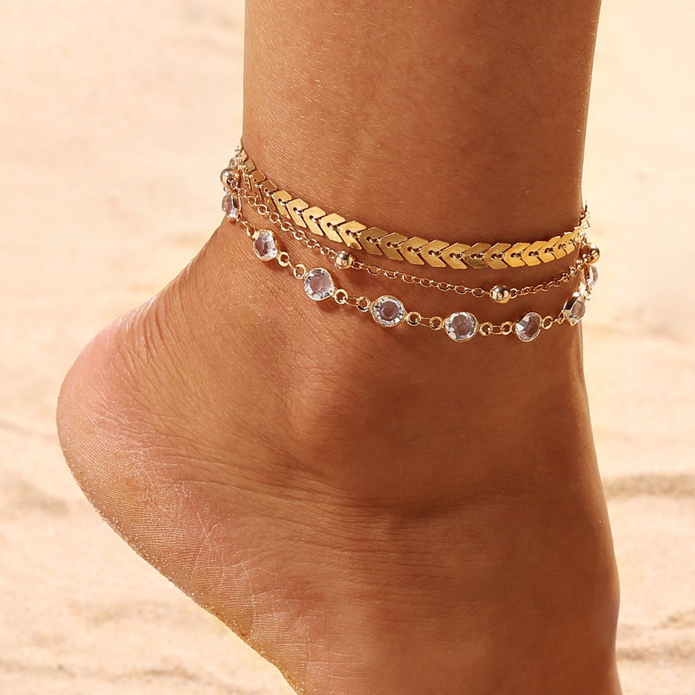 3 Pcs/Set Sequins Anklet Bracelets Boho Crystal Beach Barefoot Jewelry hot 