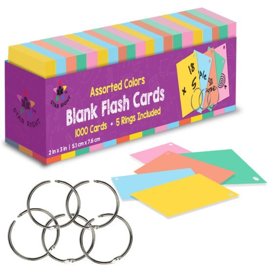 Star Right Blank Flash Cards with Rings in Assorted Colors; 1000 Index